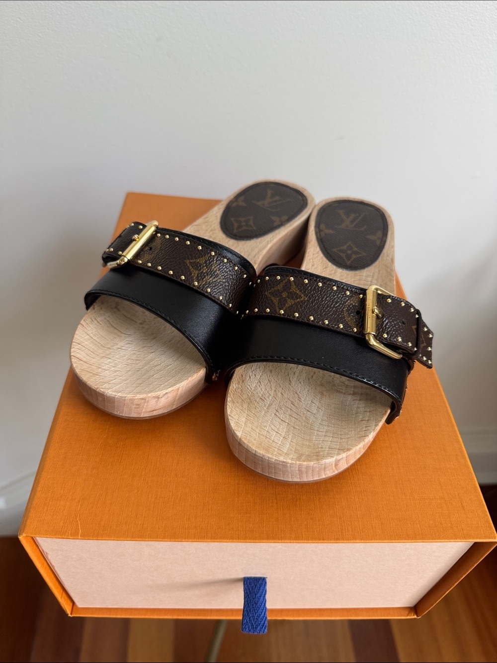 Louis Vuitton Black and Brown Monogram Stud Slide Sandals